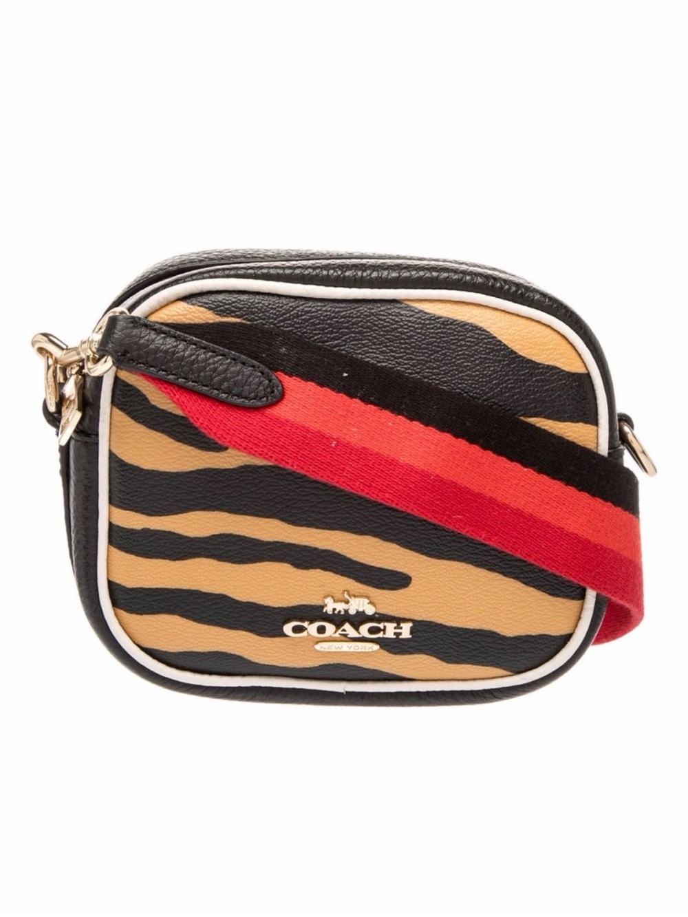COACH Leather Tiger-Stripe Crossbody with Red and Black Stripe Strap